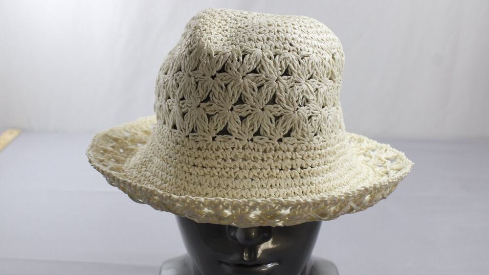 Vintage Crochet Sun Hat Womens OS Wide Brim Ivory Open Weave Boho Beach Paper